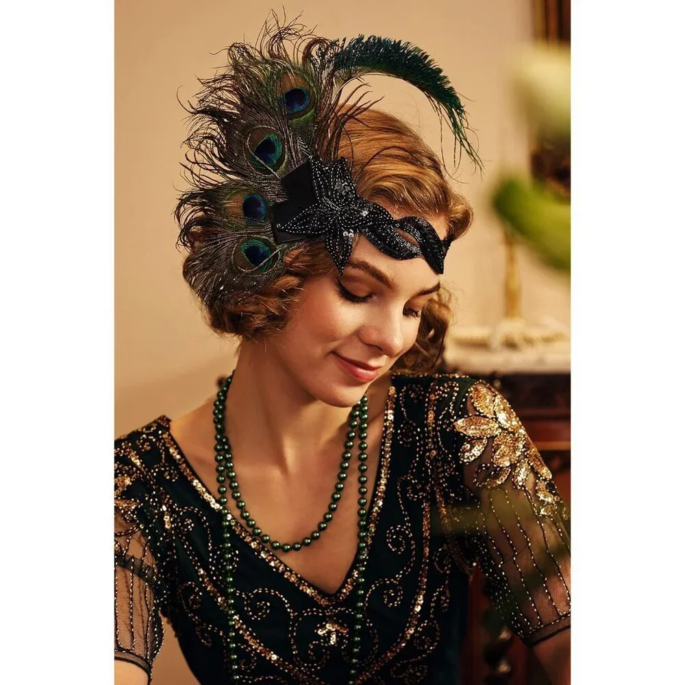 1920s Flapper Headband Peacock Feathers Sequin Gatsby Costume Accessory